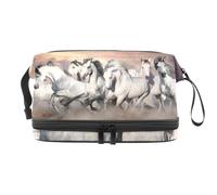 Beauty case a doppio strato con cavalli bianchi che corrono nel deserto, per donne e ragazze, trousse da viaggio per trucchi, pratica borsa organizer con scomparto per pennelli, Multi, 27x15x14