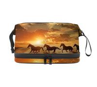 Beauty case a doppio strato con cavalli che corrono al tramonto, per donne e ragazze, trousse da viaggio per trucchi, pratica borsa organizer con scomparto per pennelli, Multi, 27x15x14