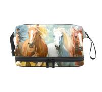 Beauty case a doppio strato con cavalli che corrono dipinti per donne e ragazze, trousse da viaggio per trucchi, pratica borsa organizer con scomparto per pennelli, Multi, 27x15x14 cm/10.6x5.9x5.5 in,