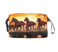 Beauty case a doppio strato con cavalli che corrono sull'alba, per donne e ragazze, trousse da viaggio per trucchi, pratica borsa organizer con scomparto per pennelli, Multi, 27x15x14 cm/10.6x5.9x5.5