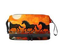 Beauty case a doppio strato con cavallo che corre sull'alba, per donne e ragazze, trousse da viaggio per trucchi, pratica borsa organizer con scomparto per pennelli, Multi, 27x15x14 cm/10.6x5.9x5.5