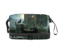 Beauty case a doppio strato con corvi sul vecchio castello per donne e ragazze, trousse da viaggio per trucchi, pratica borsa organizer con scomparto per pennelli, Multi, 27x15x14 cm/10.6x5.9x5.5 in,
