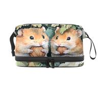 Beauty case a doppio strato con criceti e scritta "on leave", per donne e ragazze, trousse da viaggio per trucchi, pratica borsa organizer con scomparto per pennelli, Multi, 27x15x14 cm/10.6x5.9x5.5