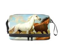 Beauty case a doppio strato con due cavalli che corrono nel deserto, per donne e ragazze, trousse da viaggio per trucchi, pratica borsa organizer con scomparto per pennelli, Multi, 27x15x14