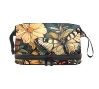 Beauty case a doppio strato con due farfalle su fiori di campo per donne e ragazze, borsa da viaggio per trucchi pratica borsa organizer con scomparto per pennelli, Multi, 27x15x14 cm/10.6x5.9x5.5 in,