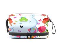 Beauty case a doppio strato con elefante e rana, per donne e ragazze, trousse da viaggio per trucchi, pratica borsa organizer con scomparto per pennelli, Multi, 27x15x14 cm/10.6x5.9x5.5 in, Beauty