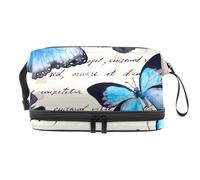 Beauty case a doppio strato con farfalla blu su testo scritto, per donne e ragazze, borsa da viaggio per trucchi pratica borsa organizer con scomparto per pennelli, Multi, 27x15x14 cm/10.6x5.9x5.5 in,