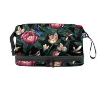 Beauty case a doppio strato con farfalla e ape, libellula, coccinella su fiore, peonia, per donne e ragazze, borsa da viaggio per trucchi pratica borsa organizer con scomparto per pennelli, Multi,