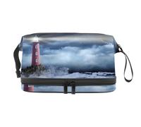 Beauty case a doppio strato con faro in tempesta paesaggio, per donne e ragazze, trousse da viaggio per trucchi, pratica borsa organizer con scomparto per pennelli, Multi, 27x15x14 cm/10.6x5.9x5.5 in,