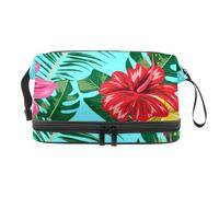 Beauty case a doppio strato con fiori nelle foglie tropicali, per donne e ragazze, borsa da viaggio per trucchi pratica borsa organizer con scomparto per pennelli, Multi, 27x15x14 cm/10.6x5.9x5.5 in,