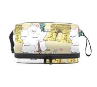 Beauty case a doppio strato con mappa della Francia e architettura, per donne e ragazze, borsa da viaggio per trucchi con scomparto per pennelli, Multi, 27x15x14 cm/10.6x5.9x5.5 in, Beauty case