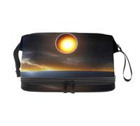 Beauty case a doppio strato con motivo di eclissi solare su cielo spaziale nero, per donne e ragazze, trousse da viaggio per trucchi, pratica borsa organizer con scomparto per pennelli, Multi,