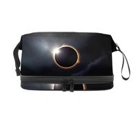 Beauty case a doppio strato con motivo di eclissi solare su cielo spaziale nero, per donne e ragazze, trousse da viaggio per trucchi, pratica borsa organizer con scomparto per pennelli, Multi,