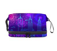 Beauty case a doppio strato con motivo fuochi d'artificio su New York City, per donne e ragazze, borsa da viaggio per trucchi, pratica borsa organizer con scomparto per pennelli, Multi, 27x15x14