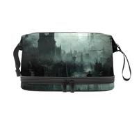 Beauty case a doppio strato con motivo Halloween Night Town, per donne e ragazze, trousse da viaggio per trucchi, pratica borsa organizer con scomparto per pennelli, Multi, 27x15x14 cm/10.6x5.9x5.5