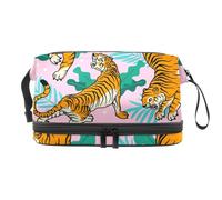 Beauty case a doppio strato con motivo tigri nella giungla, per donne e ragazze, trousse da viaggio per trucchi, pratica borsa organizer con scomparto per pennelli, Multi, 27x15x14 cm/10.6x5.9x5.5 in,
