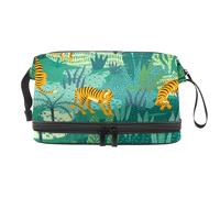 Beauty case a doppio strato con motivo tigri nella giungla, per donne e ragazze, trousse da viaggio per trucchi, pratica borsa organizer con scomparto per pennelli, Multi, 27x15x14 cm/10.6x5.9x5.5 in,
