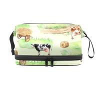 Beauty case a doppio strato con mucche in campagna, per donne e ragazze, borsa da viaggio per trucchi, pratica borsa organizer con scomparto per pennelli, Multi, 27x15x14 cm/10.6x5.9x5.5 in, Beauty