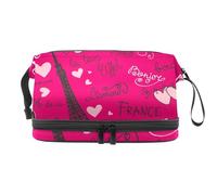 Beauty case a doppio strato con parole francesi con Torre Eiffel, per donne e ragazze, borsa da viaggio per trucchi pratica borsa organizer con scomparto per pennelli, Multi, 27x15x14 cm/10.6x5.9x5.5