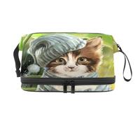 Beauty case a doppio strato con rifugio per gatti dalla pioggia sotto le foglie, per donne e ragazze, borsa da viaggio per trucchi pratica borsa organizer con scomparto per pennelli, Multi, 27x15x14