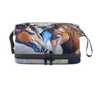 Beauty case a doppio strato con ritratto di due cavalli, per donne e ragazze, trousse da viaggio per trucchi, pratica borsa organizer con scomparto per pennelli, Multi, 27x15x14 cm/10.6x5.9x5.5 in,