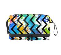 Beauty case a doppio strato con schizzi di arcobaleno su strisce nere a zigzag per donne e ragazze, borsa da viaggio per trucchi pratica borsa organizer con scomparto per pennelli, Multi, 27x15x14