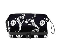 Beauty case a doppio strato con teschio e scheletro del giorno dei morti, per donne e ragazze, borsa da viaggio per trucchi pratica borsa organizer con scomparto per pennelli, Multi, 27x15x14