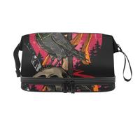 Beauty case a doppio strato con teschio umano, corvo e luna rossa, per donne e ragazze, borsa da viaggio per trucchi pratica borsa organizer con scomparto per pennelli, Multi, 27x15x14 cm/10.6x5.9x5.5