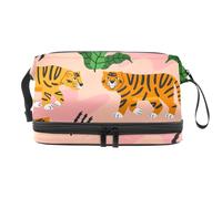 Beauty case a doppio strato con tigre che cammina nella giungla, per donne e ragazze, trousse da viaggio per trucchi, pratica borsa organizer con scomparto per pennelli, Multi, 27x15x14