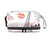 Beauty case a doppio strato con torre Eiffel, baci, cuori, per donne e ragazze, borsa da viaggio per trucchi pratica borsa organizer con scomparto per pennelli, Multi, 27x15x14 cm/10.6x5.9x5.5 in,