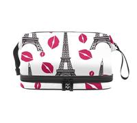 Beauty case a doppio strato con torre Eiffel e baci, per donne e ragazze, borsa da viaggio per trucchi, pratica borsa organizer con scomparto per pennelli, Multi, 27x15x14 cm/10.6x5.9x5.5 in, Beauty