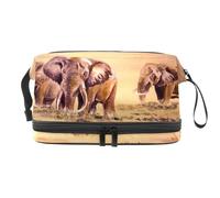 Beauty case a doppio strato con tre elefanti africani nel fiume per donne e ragazze, borsa da viaggio per trucchi pratica borsa organizer con scomparto per pennelli, Multi, 27x15x14 cm/10.6x5.9x5.5