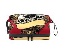 Beauty case a doppio strato con tre teschi con ali su grunge, per donne e ragazze, borsa da viaggio per trucchi pratica borsa organizer con scomparto per pennelli, Multi, 27x15x14 cm/10.6x5.9x5.5 in,