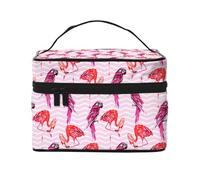 Beauty case a righe con parrocchetto rosa fenicottero, graziose borse per cosmetici da donna, borsa da toeletta, grande borsa organizer da viaggio per il trucco