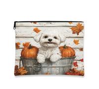 Beauty case autunnale con cane maltese, in legno d'acero autunnale, borsa da viaggio per donne e ragazze, organizer portatile con cerniera per cuccioli, 17,8 x 22,9 cm