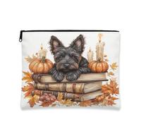 Beauty case autunnale con cane Scottish Terrier, libro di candele autunnali a forma di zucca, borsa da viaggio per donne, piccola borsa portatile in tela con cerniera, borsa da toeletta per animali