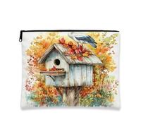 Beauty case autunnale con cicogne e uccellini, borsa da viaggio per cosmetici con foglie d'acero, borsa da viaggio per donne e ragazze, piccola borsa portatile in tela con cerniera, divertente borsa