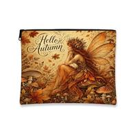 Beauty case autunnale con fatina, borsa per cosmetici rustica vintage da donna, organizer portatile in tela con cerniera, borsa da toilette per la cura della pelle autunnale, Marrone, 7x9 Inch, Fata