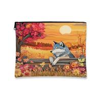 Beauty case autunnale con lupo, borsa da viaggio per donne e ragazze, organizer portatile con cerniera in tela piccola con animali, 17,8 x 22,9 cm