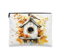Beauty case autunnale con passero e foglie d'acero, borsa da viaggio per donne e ragazze, piccola borsa portatile in tela con cerniera, divertente borsa da toilette 17,8 x 22,9 cm