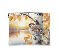 Beauty case autunnale con passero e foglie di betulla, borsa da viaggio per donne e ragazze, piccola borsa portatile in tela con cerniera, borsa da toilette country 17,8 x 22,9 cm