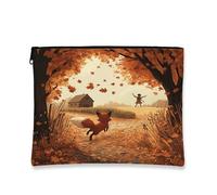 Beauty case autunnale con volpi, scena autunnale con foglie di campagna, borsa da viaggio per donne e ragazze, piccola borsa portatile in tela con cerniera per animali domestici, 17,8 x 23,