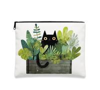 Beauty case botanico con gatto e piante verdi, grazioso astuccio da viaggio per donne, organizer compatto con cerniera, scelta perfetta per gli amanti della natura, design primaverile ed estivo, nero