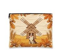 Beauty case con cane Fall Border Collie, borsa da viaggio vintage con mulino a vento per donne, regali per ragazze, organizer portatile con cerniera in tela piccola e autunnale, 17,8 x 22,9 cm