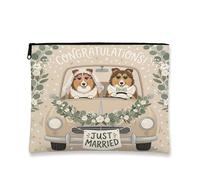 Beauty case con cane Rough Collie, divertente astuccio da viaggio per auto per matrimonio per donne e ragazze, con scritta "Just Married", piccola borsa portatile in tela con cerniera, 17,8 x 22,9 cm