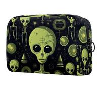 Beauty case con cerniera extraterrestri verde carino astuccio per trucchi impermeabile borsa cosmetica regalo di compleanno per donne ragazze, Multi, 18.5x7.5x13cm/7.3x3x5.1in, Art Deco