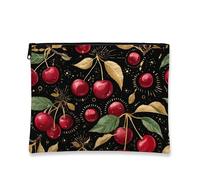 Beauty case con ciliegie, borsa da viaggio artistica vintage per donne, piccola borsa portatile in tela con cerniera, regalo per le vacanze, borsa da toilette per la cura della pelle, nero, 7x9 Inch