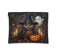 Beauty case con citazione di Halloween con gufo mago, 18,8 x 22,9 | Design con gufo mago, borsa per cosmetici, accenti di foglie autunnali, atmosfera luminosa a lume di candela