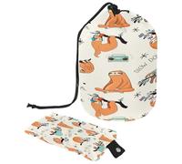Beauty case con coulisse, a forma di barile, con bradipi che ascoltano la radio, borsa per cosmetici, organizer da viaggio + piccola borsa, Multi, 9.9x6.9in/25.2x17.6cm;6x3.5in/15.2x8.8cm, Beauty case