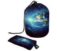 Beauty case con coulisse, a forma di barile, motivo: cielo stellato della Terra e della galassia, borsa per cosmetici, organizer da viaggio + piccola borsa, Multi,